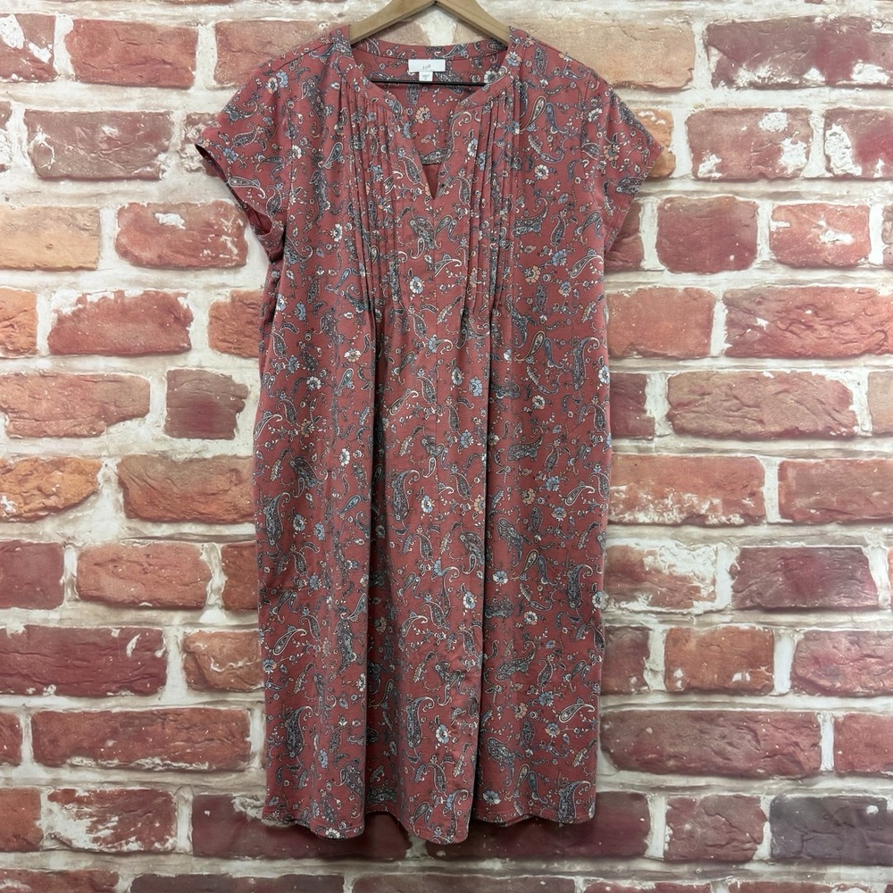 J Jill Dress Women's M Dusty Pink Boho Floral Pleated Pocketed Casual Sundress